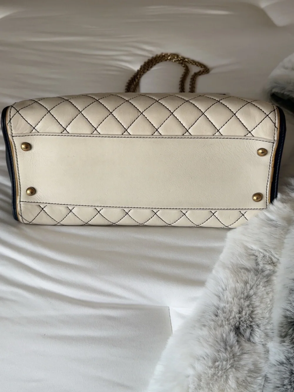 CHANEL Beige Quilted Leather Tote with Dark Trim and Aged Gold Hardware l COA